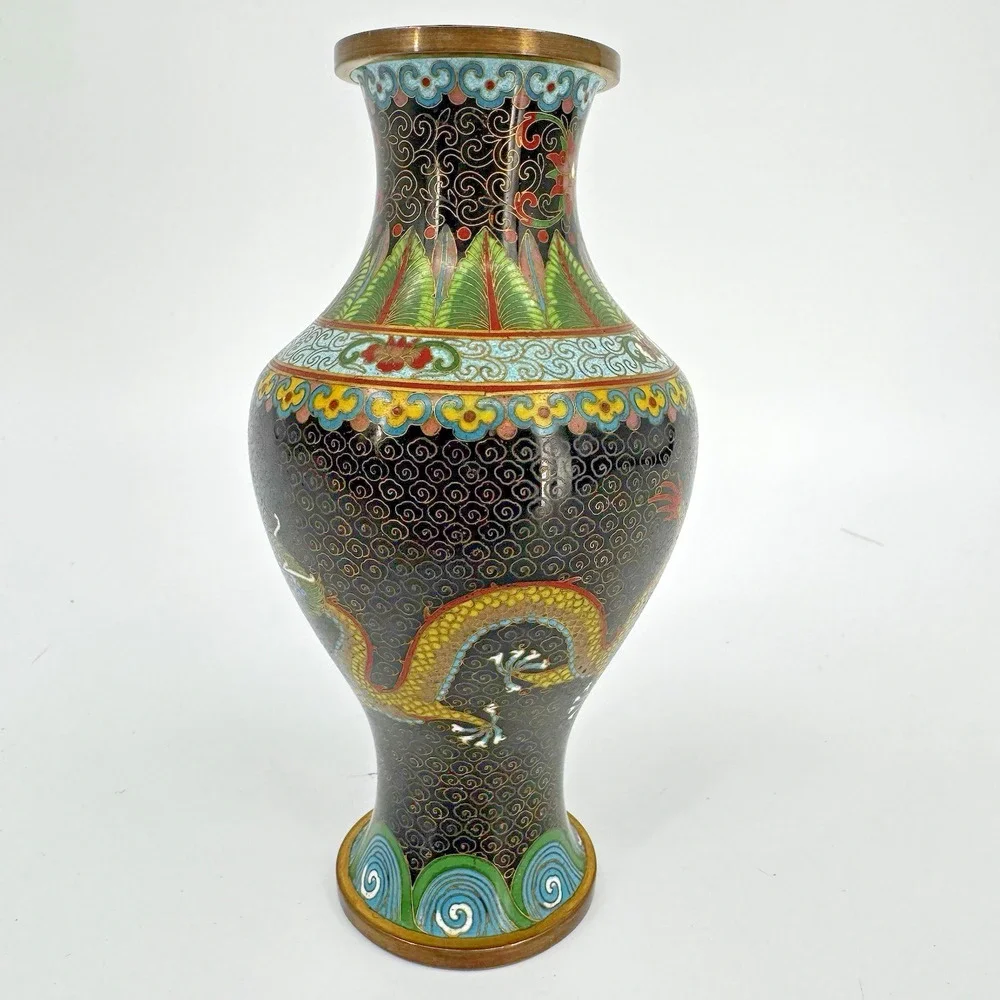 Chinese Cloisonné Floral Vase Double Dragon Black Enameled 6” Vintage Brass Edge
